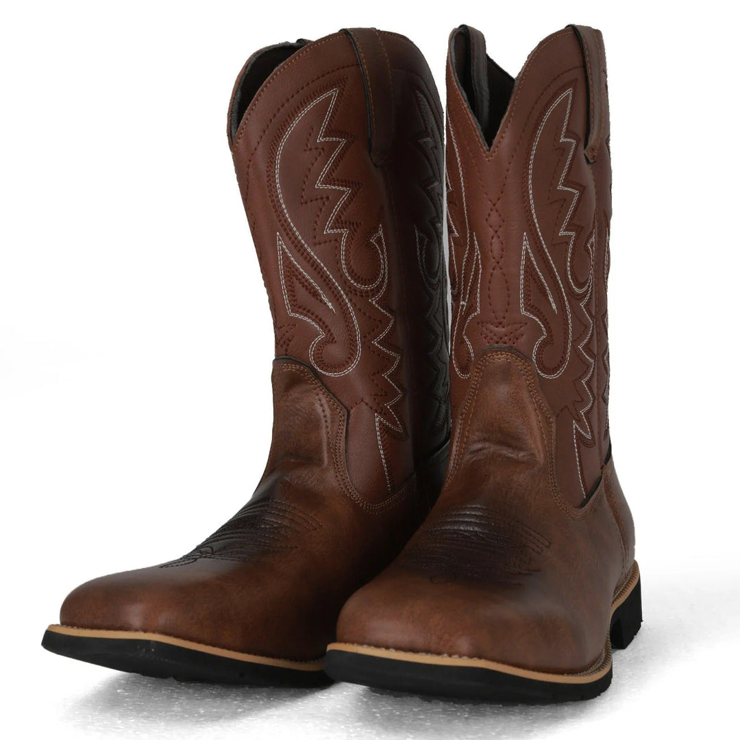 Rugged men's square toe western slip-on boots. Mid-calf brown cowboy boots for durable everyday wear.