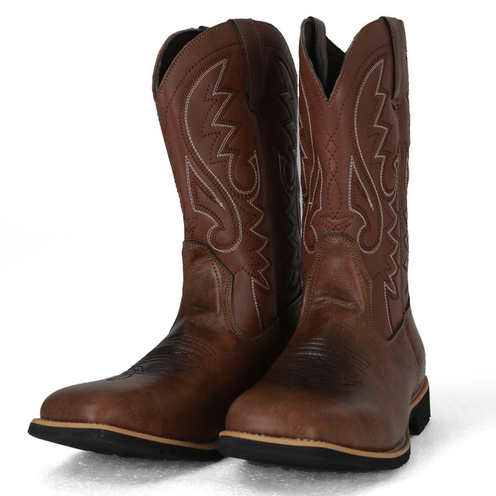 Rugged men's square toe western slip-on boots. Mid-calf brown cowboy boots for durable everyday wear.