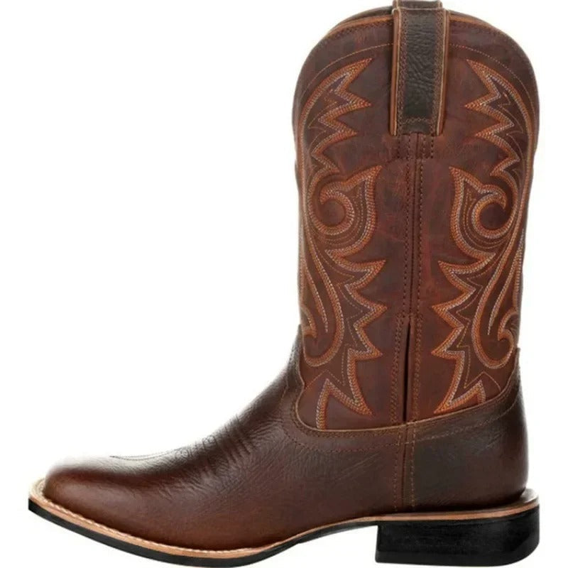 Men's comfortable square toe western boots. Durable brown cowboy boots for all-day comfort & everyday wear.