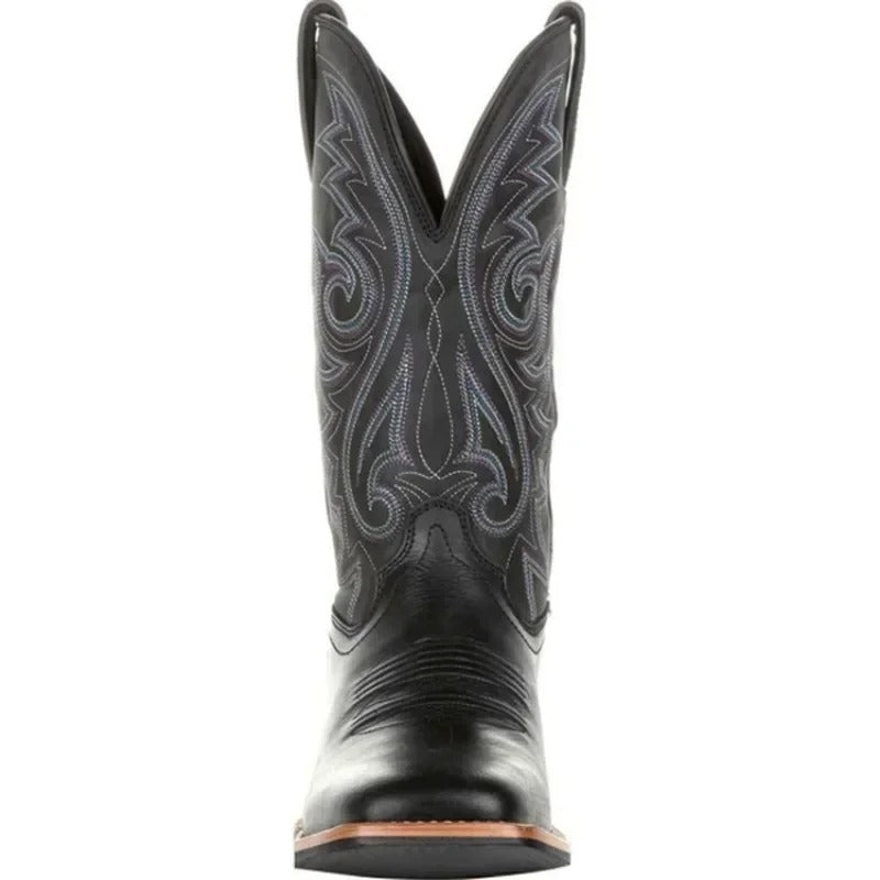 Brown mid-calf men's square toe western boots. Durable slip-on cowboy boots with all-day comfort.