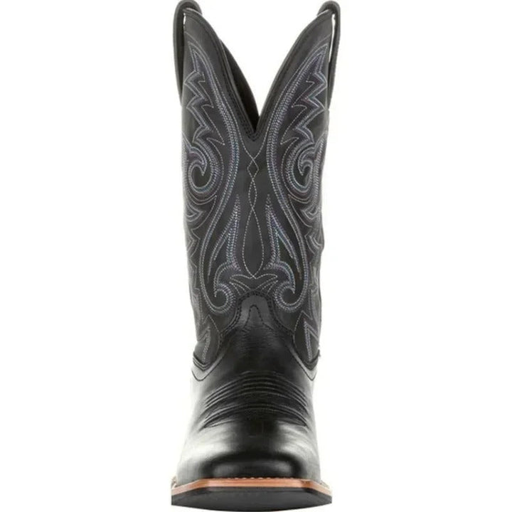 Brown mid-calf men's square toe western boots. Durable slip-on cowboy boots with all-day comfort.