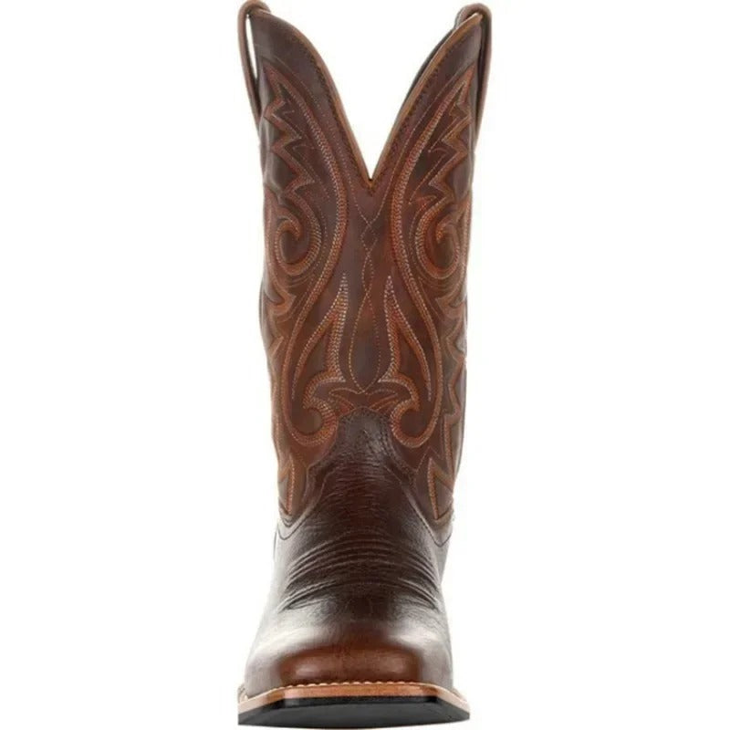 Black men's square toe cowboy boots. Stylish western slip-on boots designed for all-day comfort & durability.