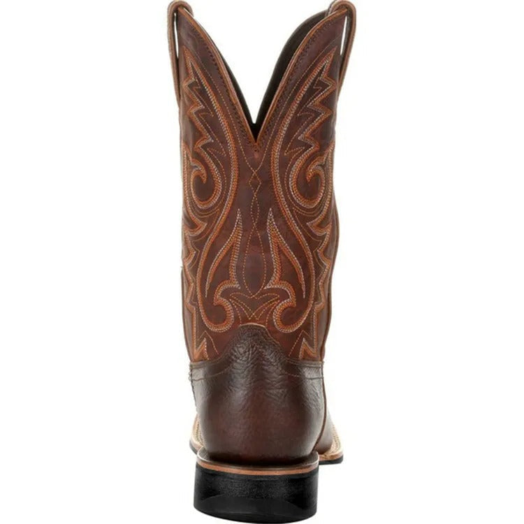Men's durable square toe western boots. Rugged brown mid-calf cowboy boots for everyday wear and comfort.