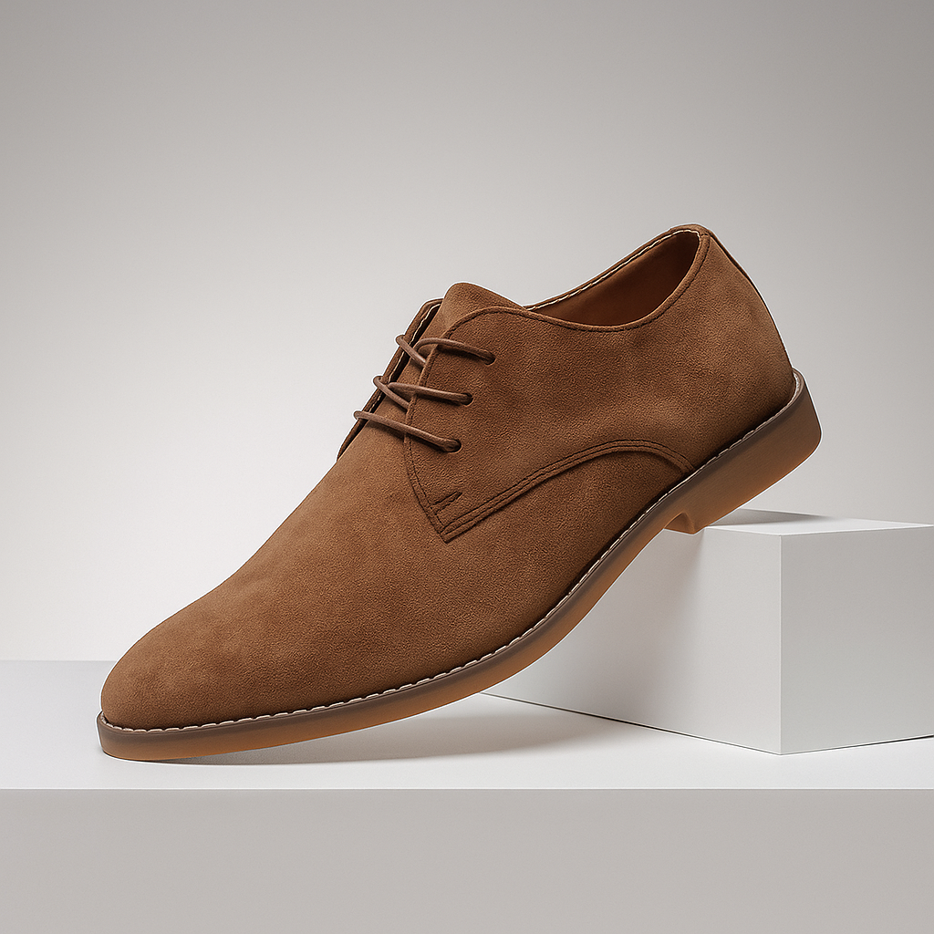 Men's brown suede derby shoes, lace-up, comfortable and stylish for any occasion.