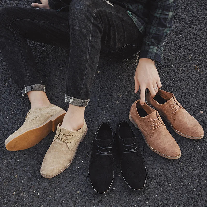 Men's khaki suede derbies worn on foot, demonstrating casual elegance and everyday comfort.