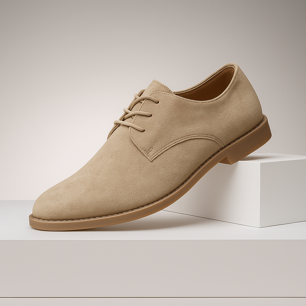 Men's khaki suede derby shoes, versatile for dress or casual wear, offering comfort.