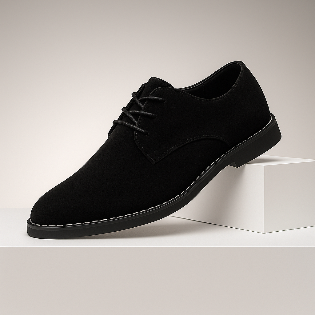 Men's black suede derby shoes, classic lace-up style, perfect for formal or casual outfits.