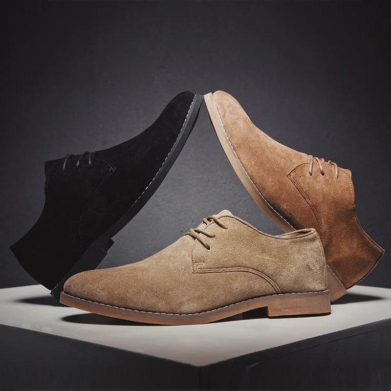 Side profile of men's brown suede derby shoes, highlighting elegant shape and modern style.