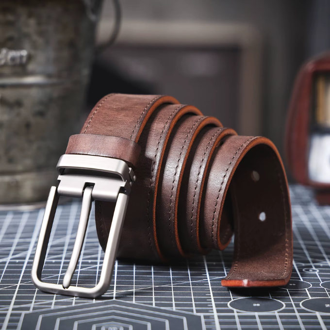 Premium black full-grain leather men's Buckhorn belt, a durable and classic accessory.