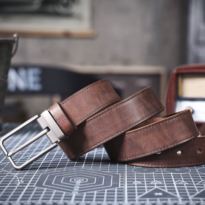 Elegant black full-grain leather men's Buckhorn belt, a durable and essential accessory.