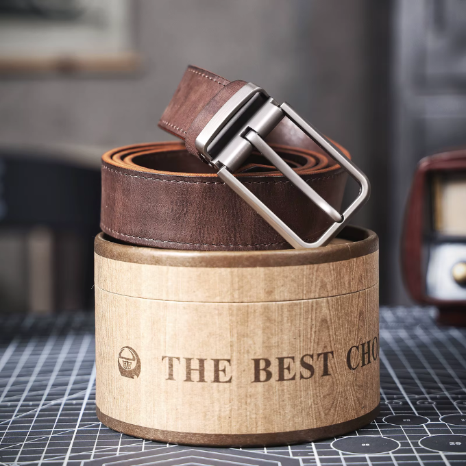 Men's full-grain leather waist belt, Buckhorn design, classic brown, built to last.