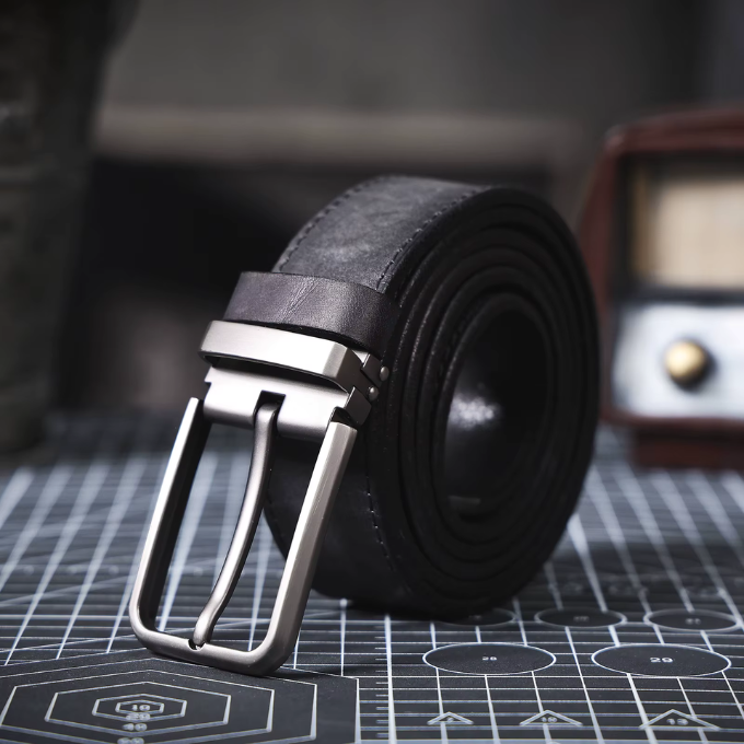 Classic black men's full-grain leather belt with Buckhorn buckle, perfect casual accessory.