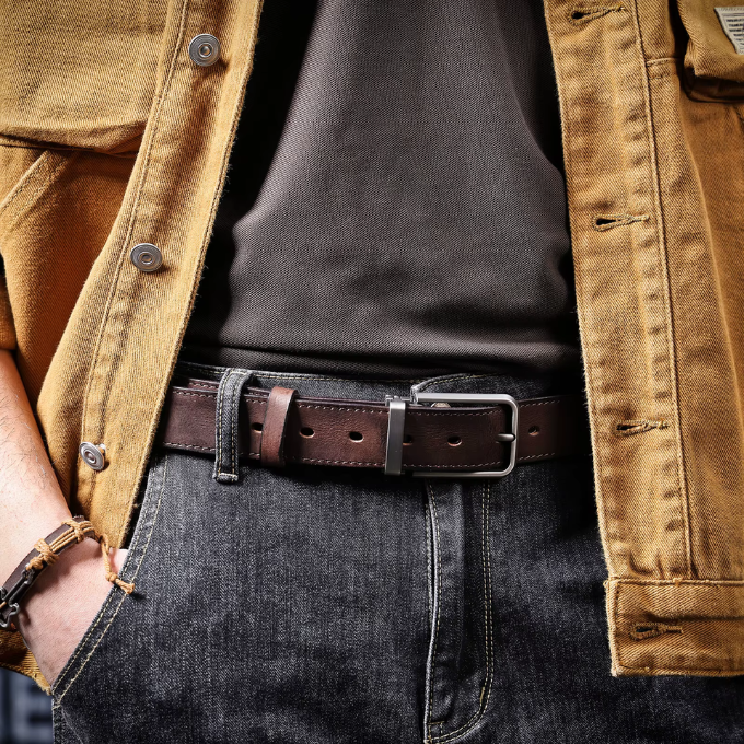 Men's classic full-grain leather belt, Buckhorn buckle, brown for durable style.