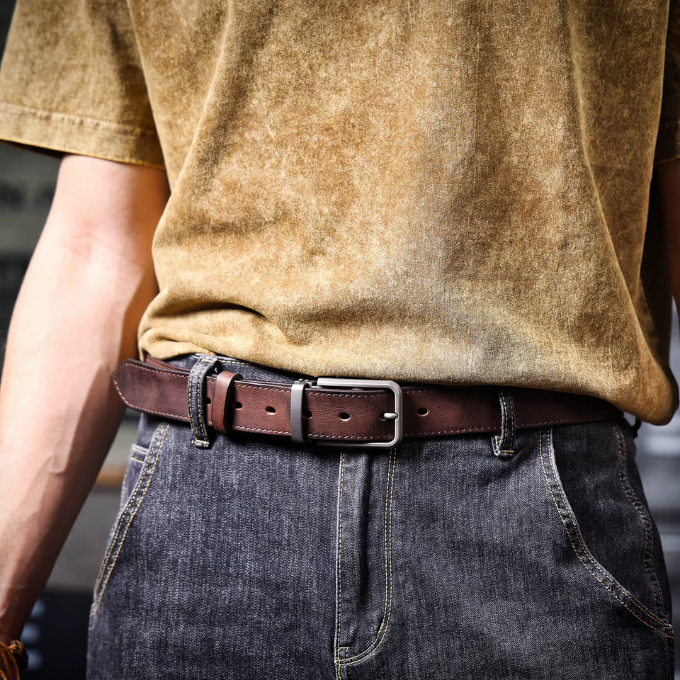 Durable brown full-grain leather men's Buckhorn belt, essential waist accessory.