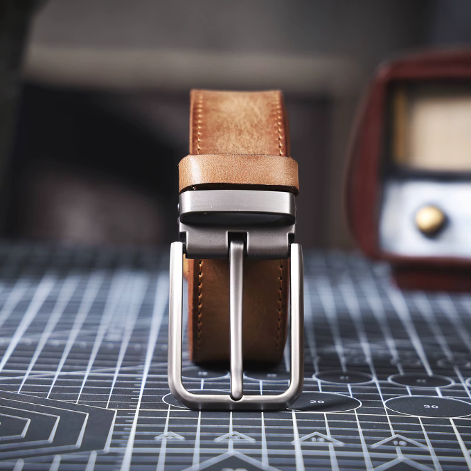 Full-grain leather men's belt, Buckhorn design, brown, offering durable waist support.