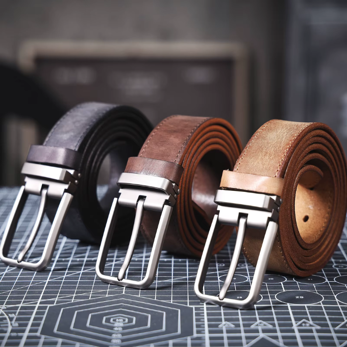 Buckhorn brown full-grain leather men's belt, robust and stylish waist accessory.