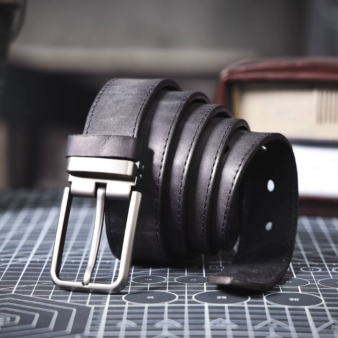 Brown full-grain leather men's Buckhorn belt, a timeless and durable waist accessory.
