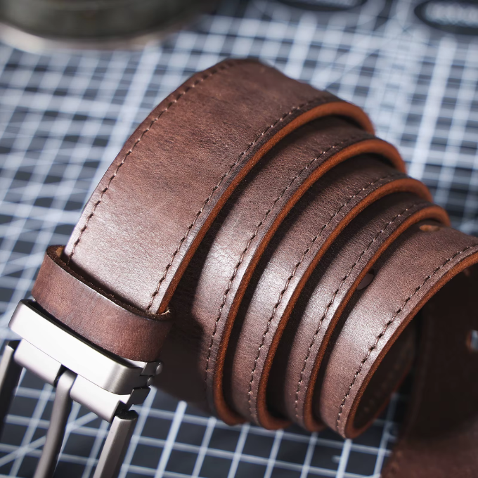 Stylish brown full-grain leather men's belt, durable Buckhorn design waist accessory.