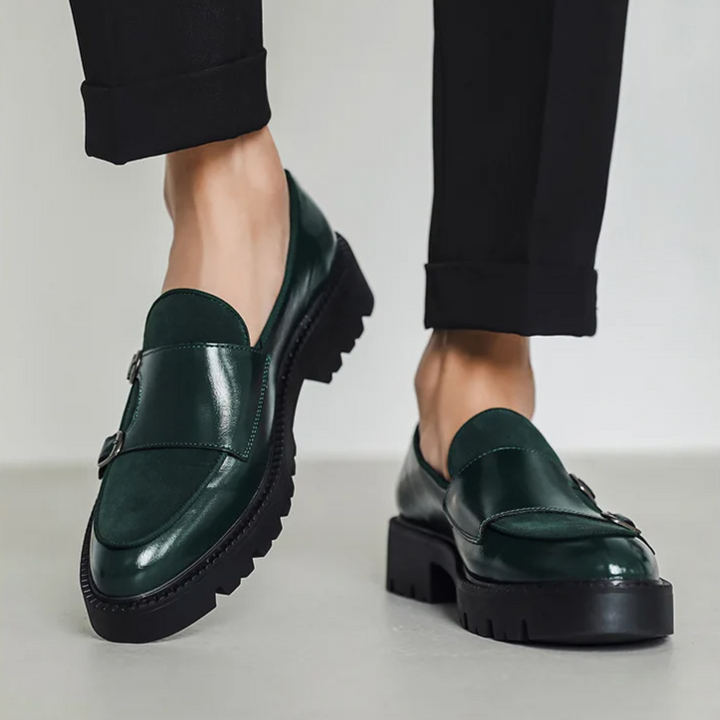 Elegant Men's Monk Strap Loafers in Black, dress shoes with a unique buckle, ideal for formal occasions.
