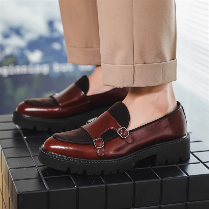 Close-up of Men's Burgundy Monk Strap Loafers, highlighting comfort and fashionable slip-on design.