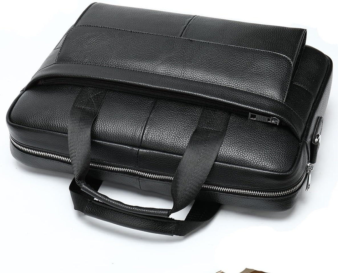 Durable leather men's briefcase with organized interior, ideal for a 15-inch laptop business professional