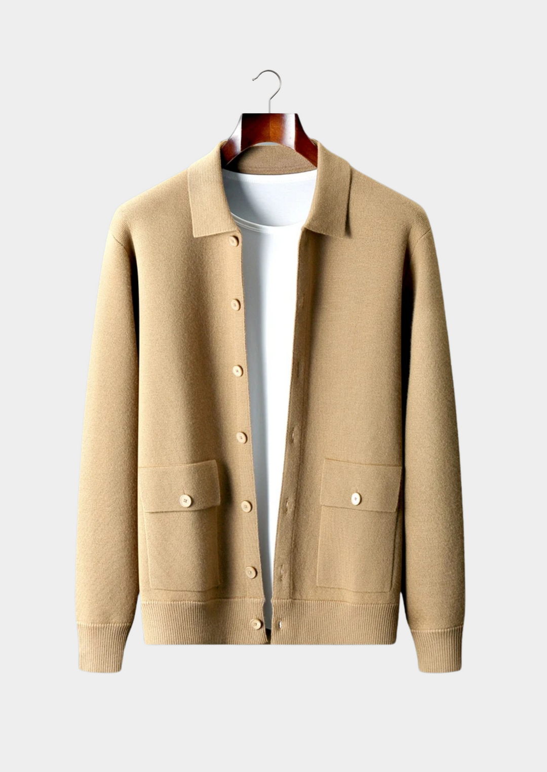 Men's button-up knit cardigan with patch pockets; ideal for stylish layering and casual sophistication.