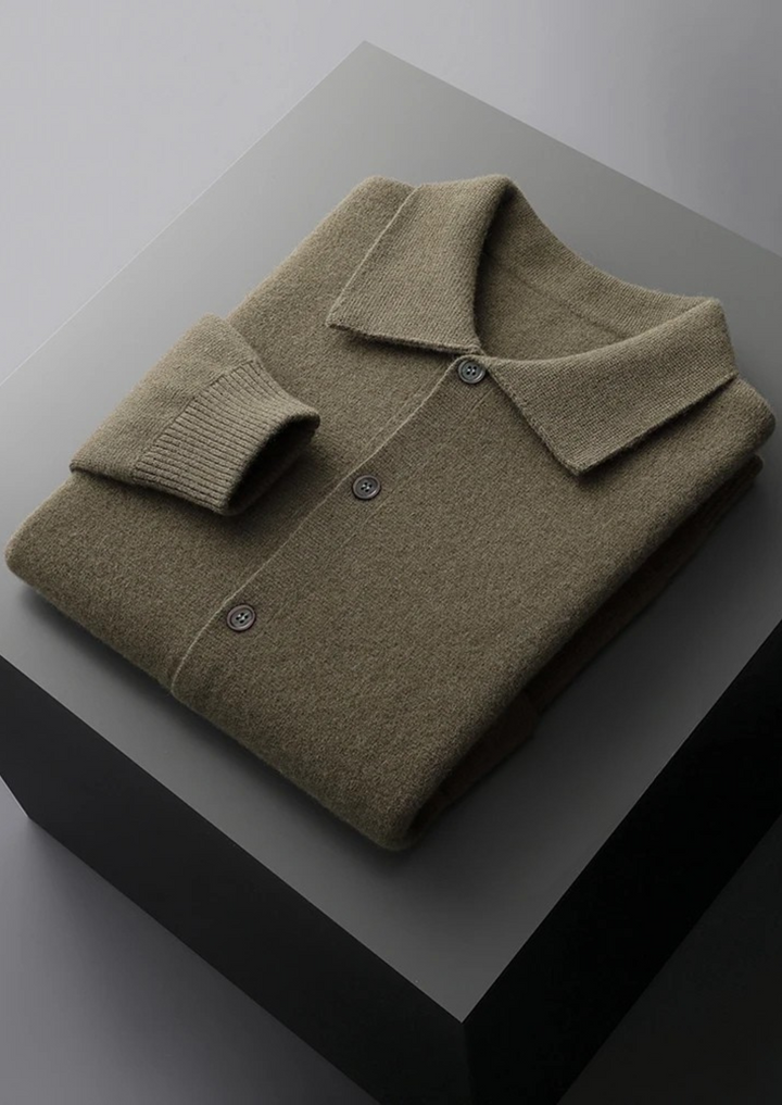 Durable men's long sleeve button-up cardigan with patch pockets; high-quality knitwear for lasting style.