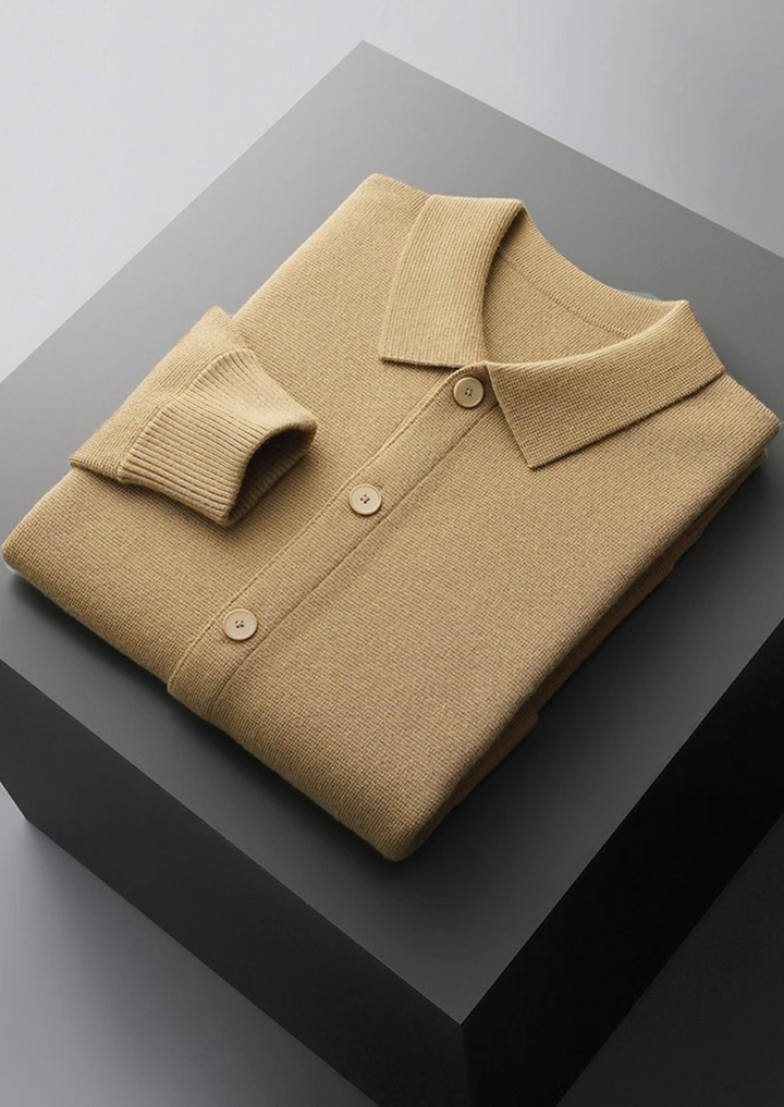 Stylish men's knit cardigan featuring button-up front and practical patch pockets, perfect for layering.