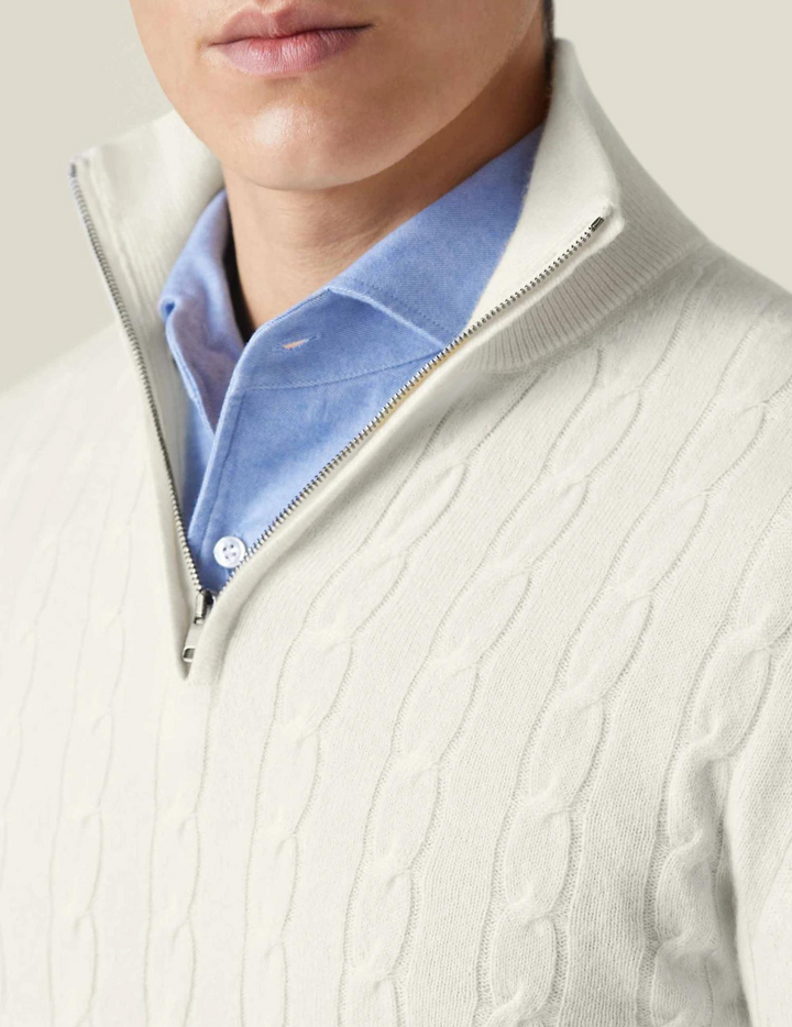 Warm men's cable knit quarter-zip knitwear, blending classic style with practical fall comfort.