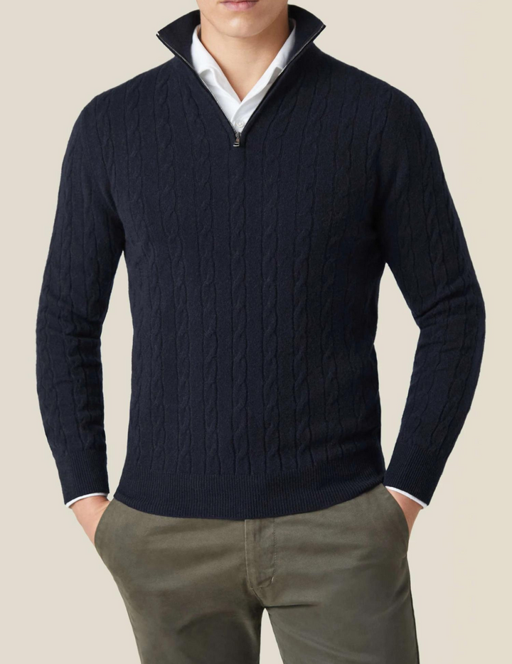 Stylish men's quarter-zip knitwear for fall fashion, featuring a cozy cable knit texture.