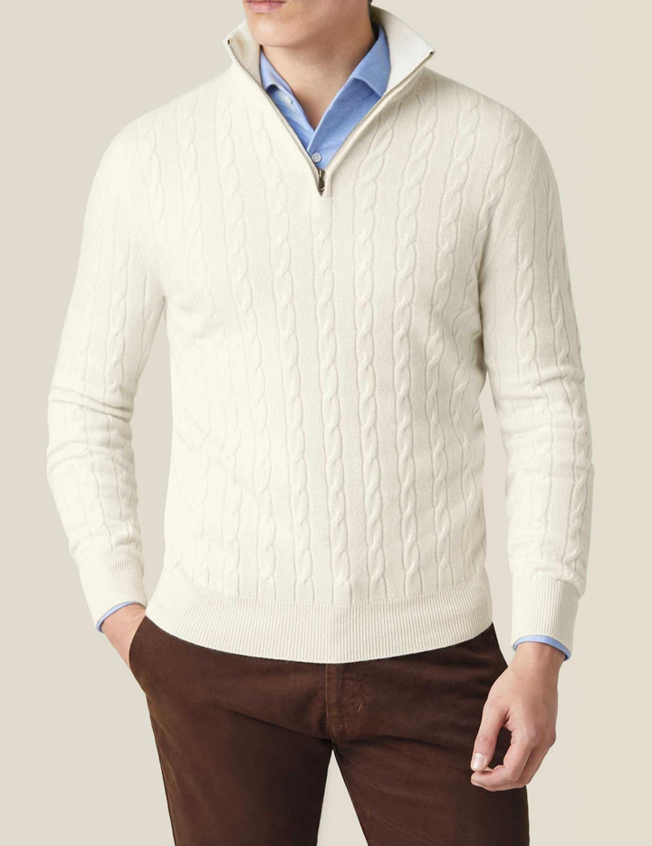 Long sleeve men's cable knit quarter-zip sweater, a versatile addition to any winter wardrobe.
