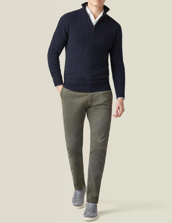 Comfortable men's cable knit quarter-zip sweater, essential for modern men's fall & winter fashion.