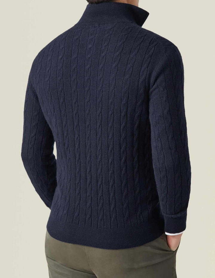Textured cable knit men's quarter-zip sweater with a smart funnel neck, perfect for cool weather.