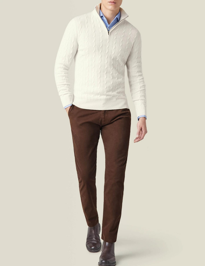 A timeless men's cable knit quarter-zip sweater, a must-have for elegant winter wear.