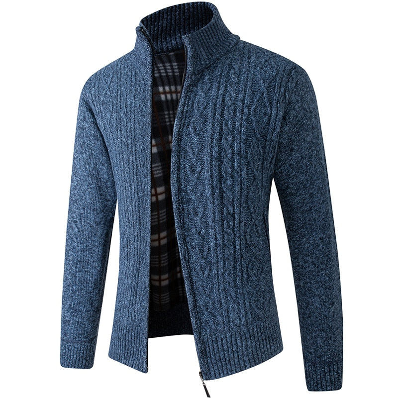 Men's cable knit zipped cardigan in a rich burgundy, providing a warm and fashionable outer layer.