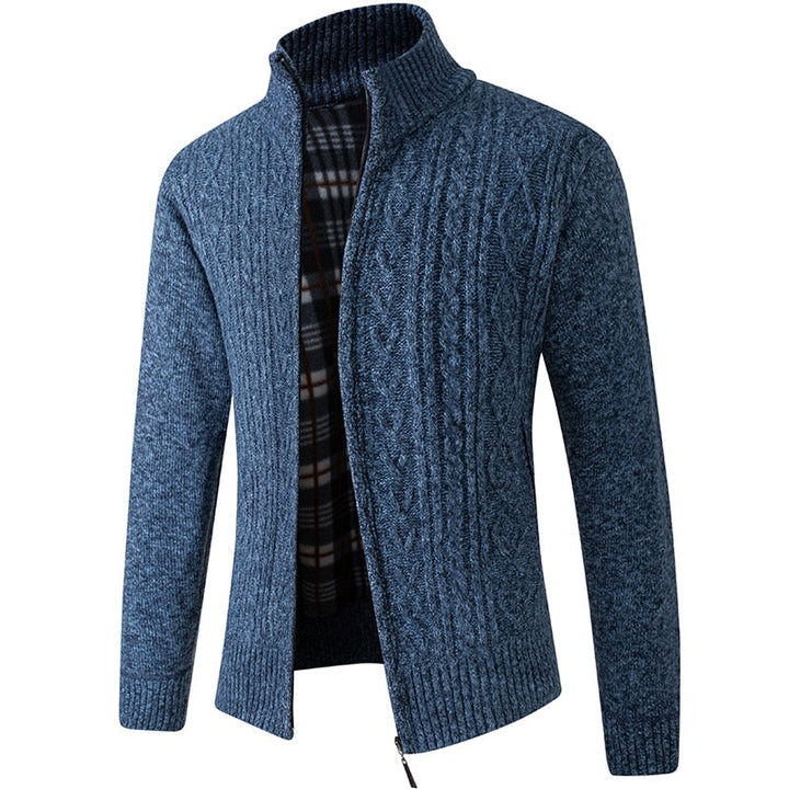 Men's cable knit zipped cardigan in a rich burgundy, providing a warm and fashionable outer layer.