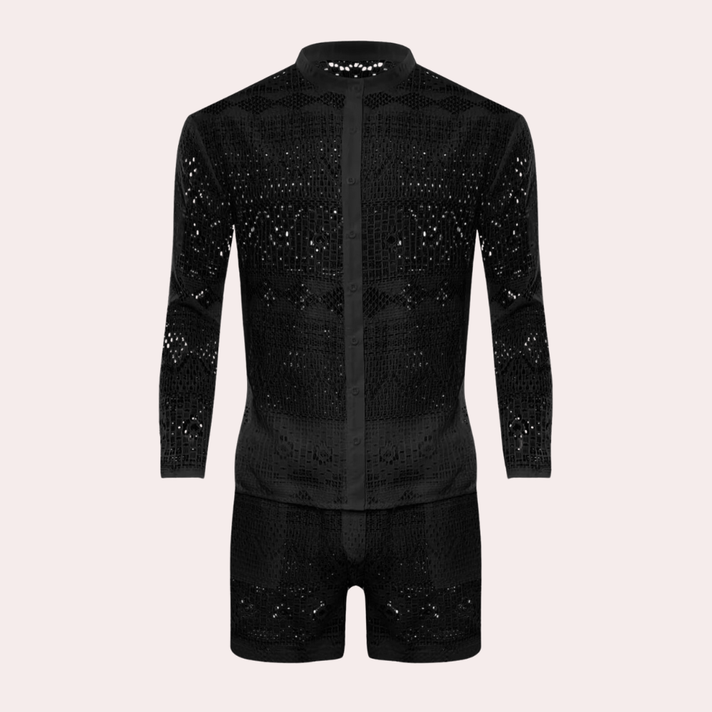 Lightweight cotton men's summer set with delicate lace, offering cool and breathable casual wear.
