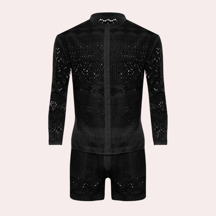Lightweight cotton men's summer set with delicate lace, offering cool and breathable casual wear.