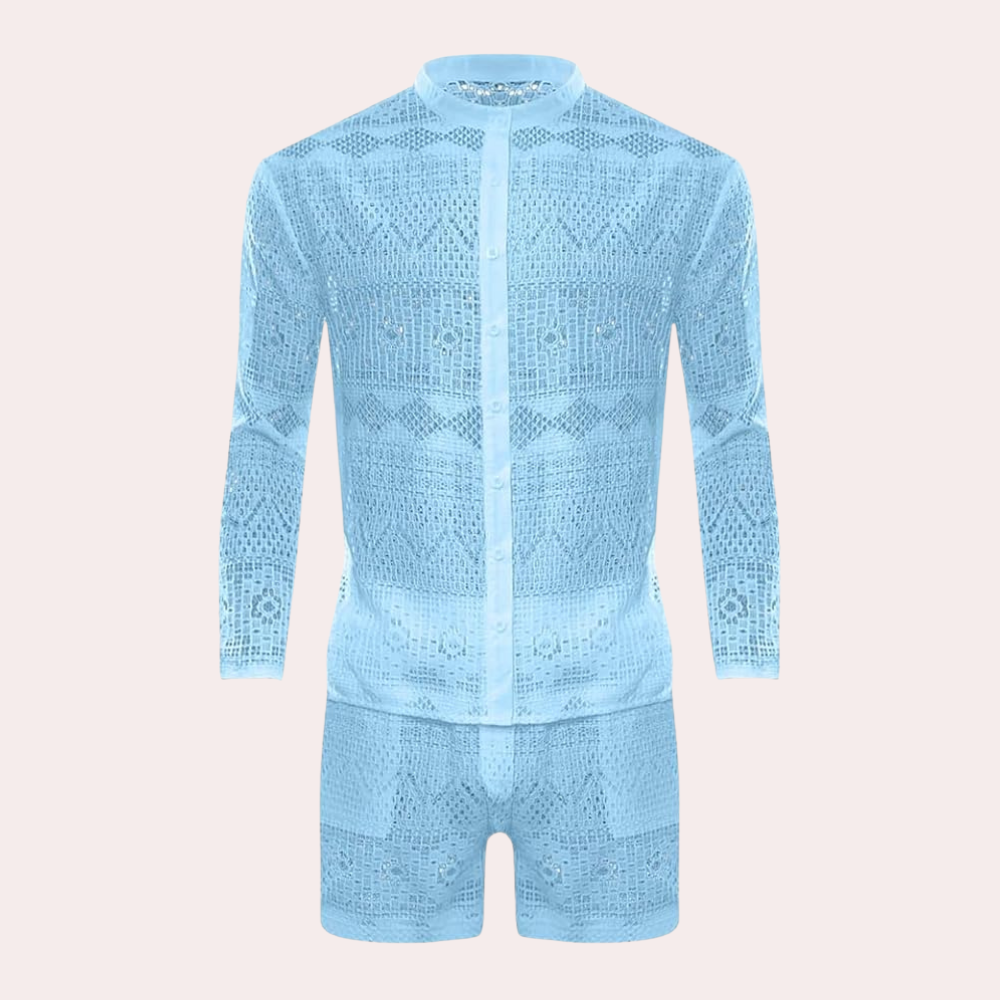 Men's Cai two-piece summer outfit featuring airy lace for a comfortable and stylish beach look.