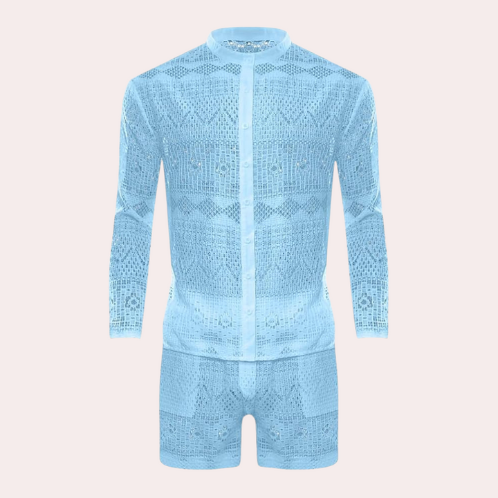 Men's Cai two-piece summer outfit featuring airy lace for a comfortable and stylish beach look.