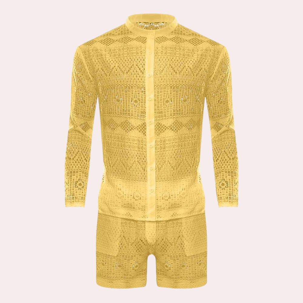 Fashionable men's airy lace summer set, a lightweight and matching two-piece for ultimate summer style.