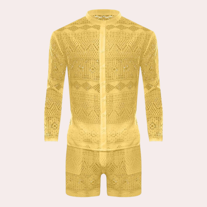 Fashionable men's airy lace summer set, a lightweight and matching two-piece for ultimate summer style.