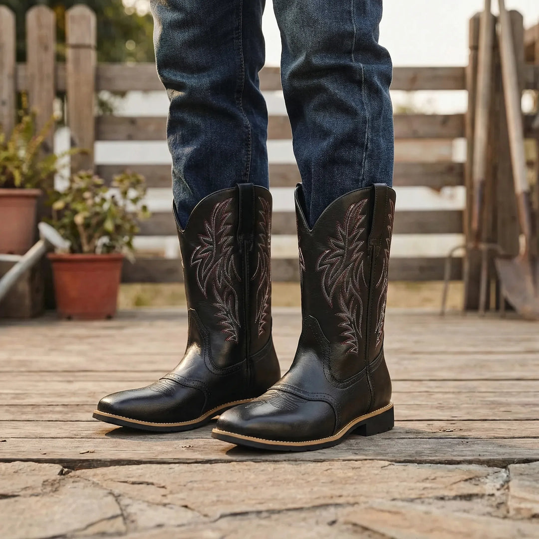 Men's calf-length Western cowboy boots, rugged style with classic embroidery and block heel.