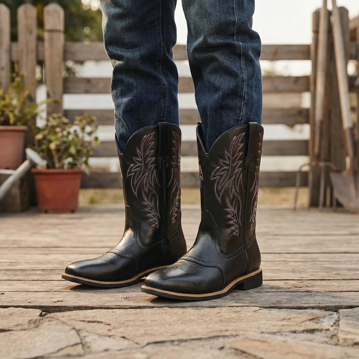 Men's calf-length Western cowboy boots, rugged style with classic embroidery and block heel.