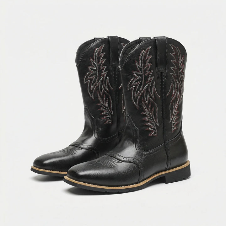 Stylish men's calf-length cowboy boots for a rugged Western look, featuring embroidery and a comfortable block heel.