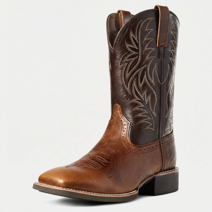 Durable men's calf-length Western cowboy boots with intricate embroidery, a classic block heel, perfect for rugged fashion.
