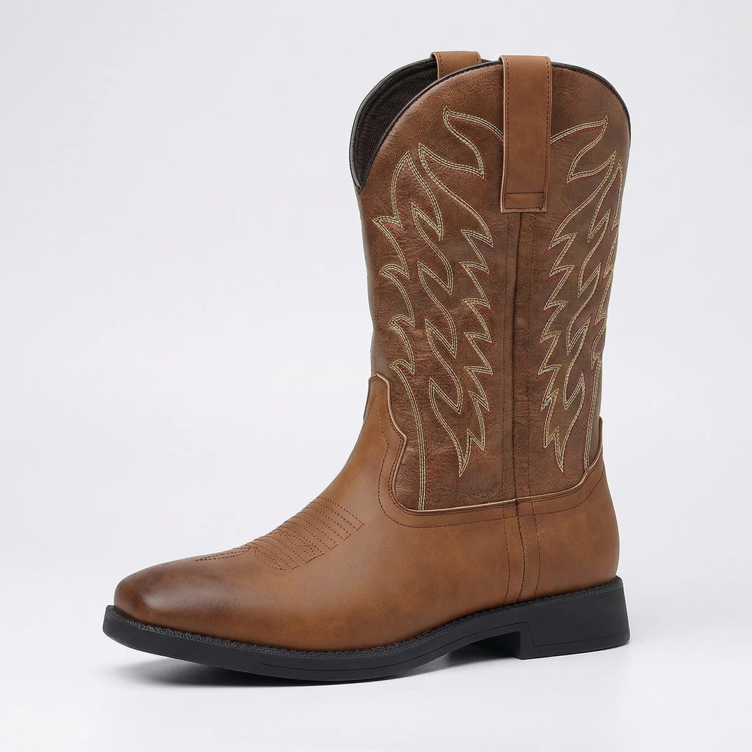 Calf-length men's Western cowboy boots with detailed embroidery, slip-on convenience, and a stable block heel.