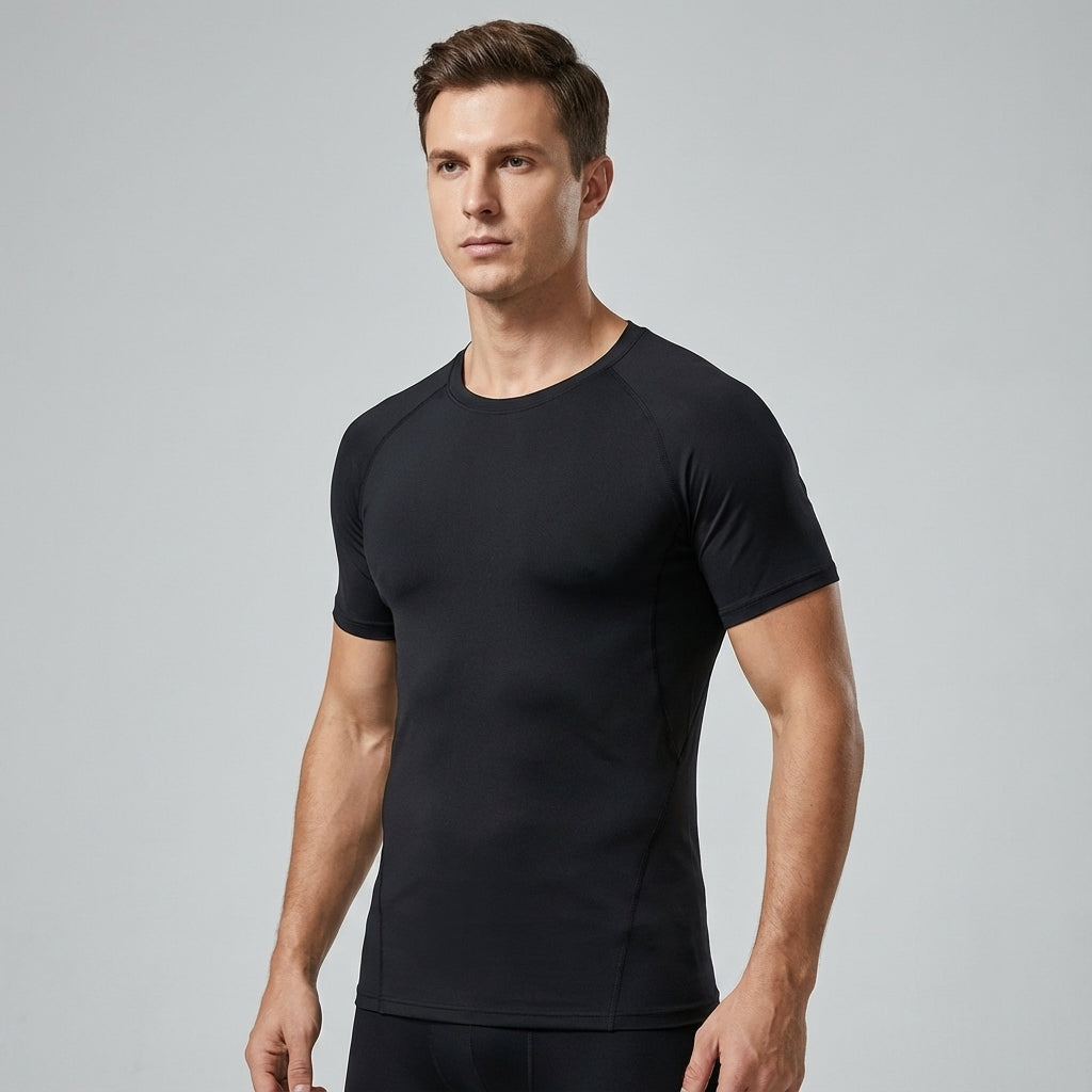 Black men's athletic short sleeve compression shirt, designed for optimal workout performance