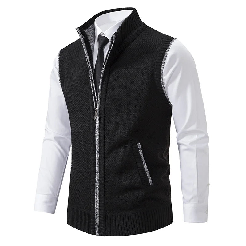 Men's Cambridge Knit Vest, full-zip turtleneck. Smart casual layering for autumn & winter comfort.