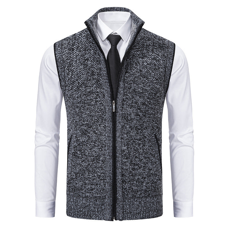 Stylish men's full-zip knit vest with a cozy turtleneck, perfect for casual autumn and winter outfits.